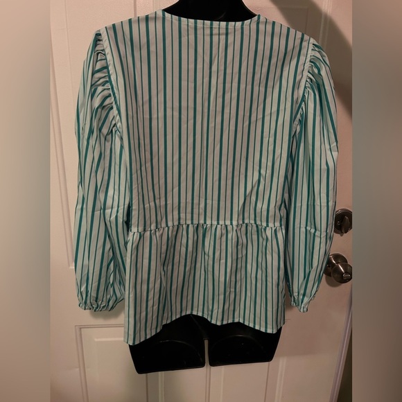 Women Puff Sleeve Peplum Shirts Bow Tie Front Stripe Babydoll Blouse Lace‎ Up - Picture 8 of 10